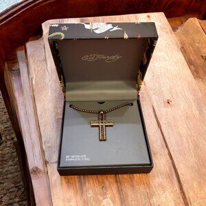 Ed Hardy Mens Necklace Cross Bronze Tone 26" Chain Pendant Gothic New In‎ Box